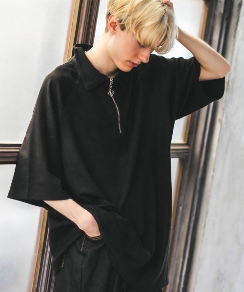 Shoowtime(ショウタイム)の「ビッグシルエットポリスウェードハーフジップ半袖トップス(Tシャツ/カットソー・メンズ・グレー/ブラック/アイボリー/カーキ・MEDIUM/LARGE/X-LARGE)」の9枚目の写真