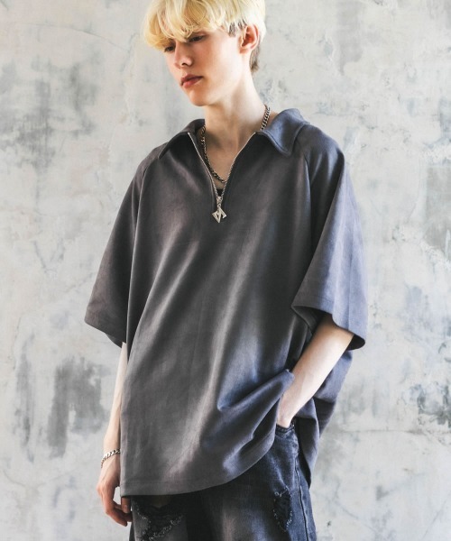 Shoowtime(ショウタイム)の「ビッグシルエットポリスウェードハーフジップ半袖トップス(Tシャツ/カットソー・メンズ・グレー/ブラック/アイボリー/カーキ・MEDIUM/LARGE/X-LARGE)」の5枚目の写真