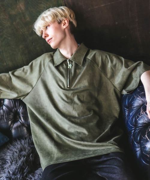Shoowtime(ショウタイム)の「ビッグシルエットポリスウェードハーフジップ半袖トップス(Tシャツ/カットソー・メンズ・グレー/ブラック/アイボリー/カーキ・MEDIUM/LARGE/X-LARGE)」の16枚目の写真