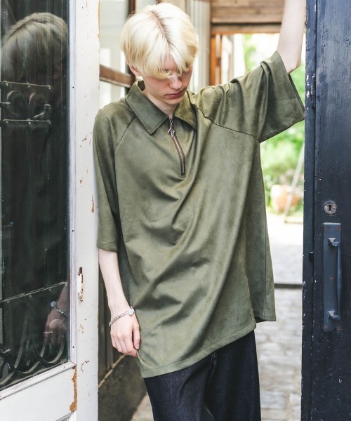 Shoowtime(ショウタイム)の「ビッグシルエットポリスウェードハーフジップ半袖トップス(Tシャツ/カットソー・メンズ・グレー/ブラック/アイボリー/カーキ・MEDIUM/LARGE/X-LARGE)」の15枚目の写真