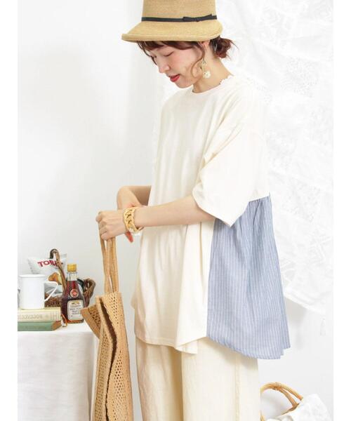 Samansa Mos2（サマンサ モスモス）の「後ろギャザー切替チュニックTシャツ（Tシャツ/カットソー・レディース・キナリ/グリーン/オフホワイト/チャコールグレー・F）」の2枚目の写真