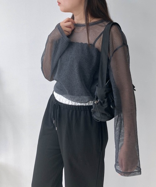 AS KNOW AS plus（アズノゥアズプラス）の「◇シアーボーダー メッシュルーズロンT（Tシャツ/カットソー・レディース・グレー系/アイボリー系/ブラウン系・FREE）」の2枚目の写真