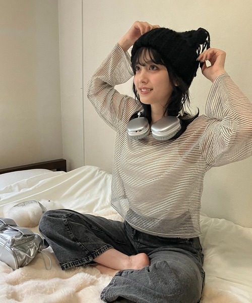 AS KNOW AS plus（アズノゥアズプラス）の「◇シアーボーダー メッシュルーズロンT（Tシャツ/カットソー・レディース・グレー系/アイボリー系/ブラウン系・FREE）」の5枚目の写真