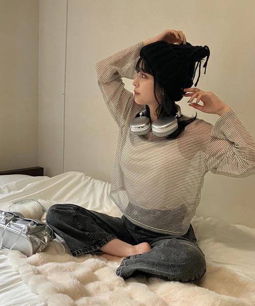 AS KNOW AS plus（アズノゥアズプラス）の「◇シアーボーダー メッシュルーズロンT（Tシャツ/カットソー・レディース・グレー系/アイボリー系/ブラウン系・FREE）」の6枚目の写真