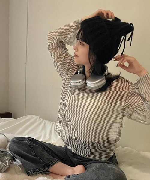 AS KNOW AS plus（アズノゥアズプラス）の「◇シアーボーダー メッシュルーズロンT（Tシャツ/カットソー・レディース・グレー系/アイボリー系/ブラウン系・FREE）」の7枚目の写真