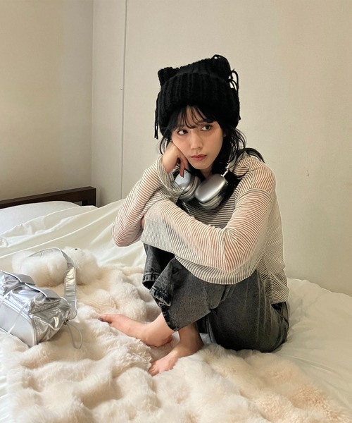 AS KNOW AS plus（アズノゥアズプラス）の「◇シアーボーダー メッシュルーズロンT（Tシャツ/カットソー・レディース・グレー系/アイボリー系/ブラウン系・FREE）」の8枚目の写真