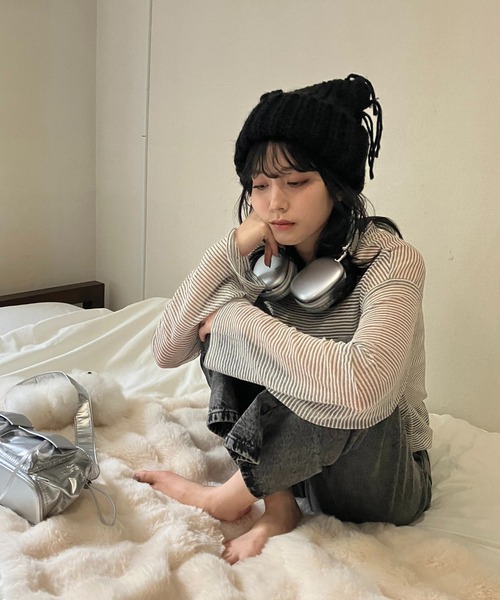 AS KNOW AS plus（アズノゥアズプラス）の「◇シアーボーダー メッシュルーズロンT（Tシャツ/カットソー・レディース・グレー系/アイボリー系/ブラウン系・FREE）」の9枚目の写真