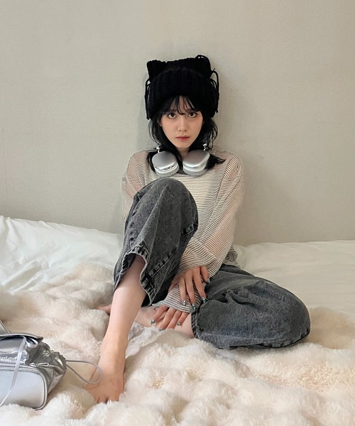 AS KNOW AS plus（アズノゥアズプラス）の「◇シアーボーダー メッシュルーズロンT（Tシャツ/カットソー・レディース・グレー系/アイボリー系/ブラウン系・FREE）」の4枚目の写真