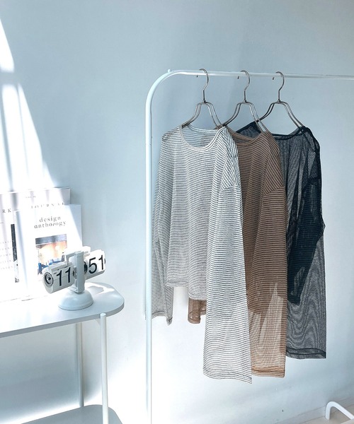 AS KNOW AS plus（アズノゥアズプラス）の「◇シアーボーダー メッシュルーズロンT（Tシャツ/カットソー・レディース・グレー系/アイボリー系/ブラウン系・FREE）」の17枚目の写真