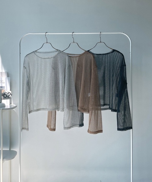 AS KNOW AS plus（アズノゥアズプラス）の「◇シアーボーダー メッシュルーズロンT（Tシャツ/カットソー・レディース・グレー系/アイボリー系/ブラウン系・FREE）」の19枚目の写真