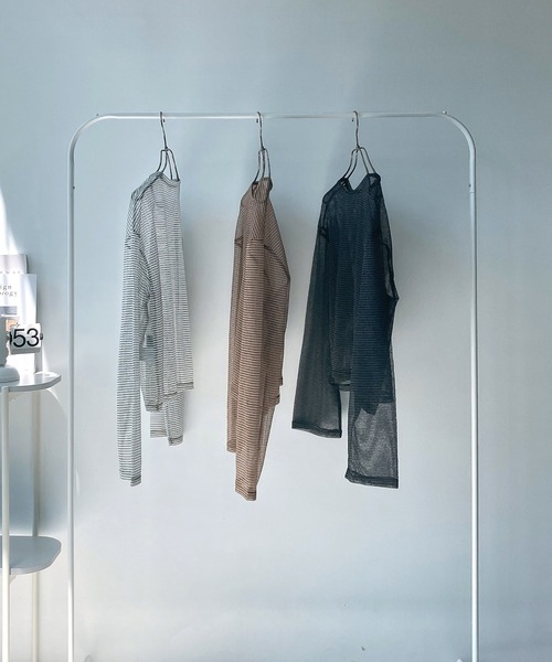 AS KNOW AS plus（アズノゥアズプラス）の「◇シアーボーダー メッシュルーズロンT（Tシャツ/カットソー・レディース・グレー系/アイボリー系/ブラウン系・FREE）」の20枚目の写真