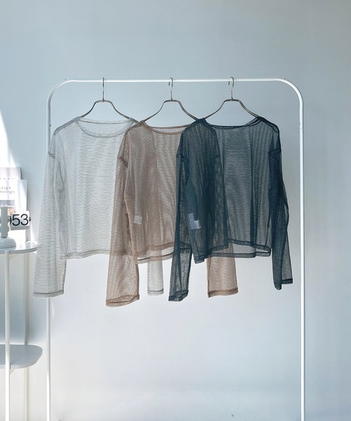 AS KNOW AS plus（アズノゥアズプラス）の「◇シアーボーダー メッシュルーズロンT（Tシャツ/カットソー・レディース・グレー系/アイボリー系/ブラウン系・FREE）」の21枚目の写真