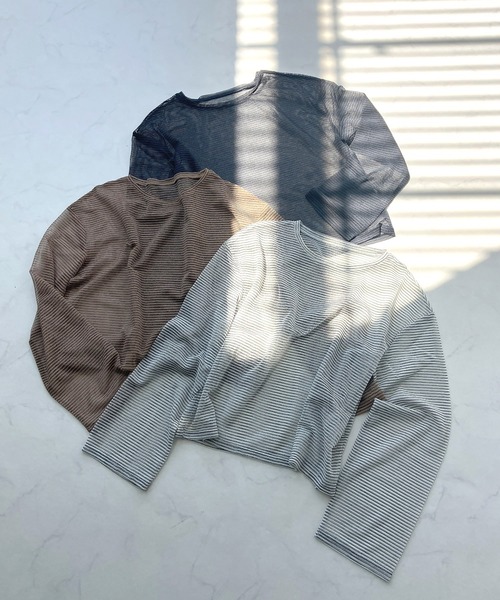 AS KNOW AS plus（アズノゥアズプラス）の「◇シアーボーダー メッシュルーズロンT（Tシャツ/カットソー・レディース・グレー系/アイボリー系/ブラウン系・FREE）」の11枚目の写真