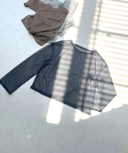 AS KNOW AS plus（アズノゥアズプラス）の「◇シアーボーダー メッシュルーズロンT（Tシャツ/カットソー・レディース・グレー系/アイボリー系/ブラウン系・FREE）」の13枚目の写真