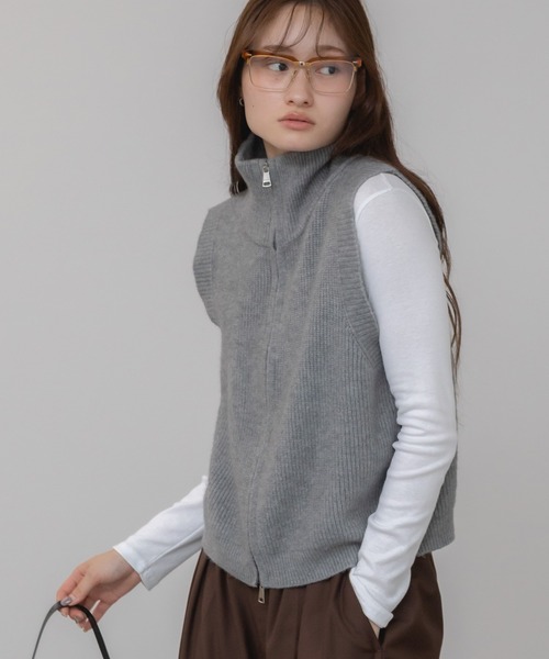 セール】ショート丈ダブルジップニットベスト / ハーフジップニット