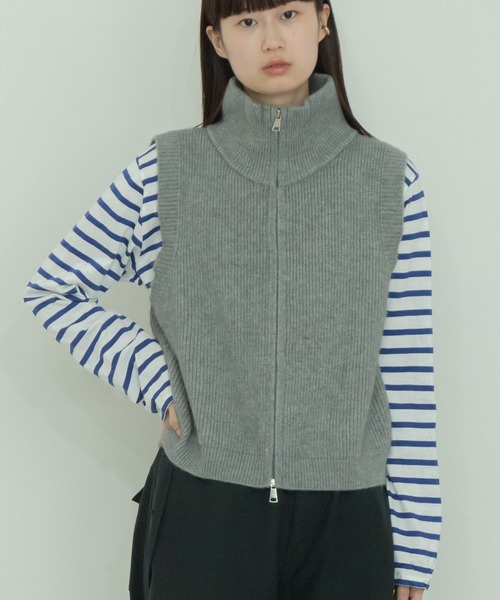 HEILIS(ヘイリス)の「ショート丈ダブルジップニットベスト / ハーフジップニット クロップド丈 リブ編み ウールタッチ ショートベスト ジップベスト ハイネック(ベスト・レディース・アイボリー/ブラック/グレー・FREE)」の16枚目の写真