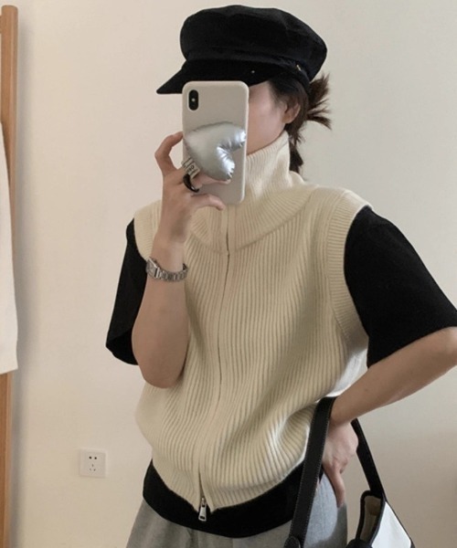 HEILIS(ヘイリス)の「ショート丈ダブルジップニットベスト / ハーフジップニット クロップド丈 リブ編み ウールタッチ ショートベスト ジップベスト ハイネック(ベスト・レディース・アイボリー/ブラック/グレー・FREE)」の17枚目の写真