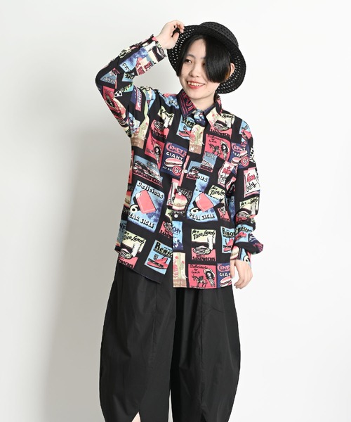 MARAI（マーライ）の「レトロ柄 総柄シャツ 長袖シャツ オーバーサイズ レギュラーカラー（シャツ/ブラウス・レディース・ブラック系その他・FREE）」の6枚目の写真