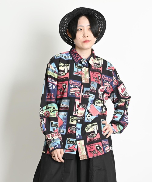 MARAI（マーライ）の「レトロ柄 総柄シャツ 長袖シャツ オーバーサイズ レギュラーカラー（シャツ/ブラウス・レディース・ブラック系その他・FREE）」の10枚目の写真