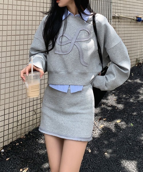 セール】蝶結び秋デザイン感スウェット＆スカートセットアップ