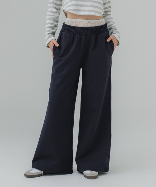 coca(coca)(コカ)の「【WEB限定セール】レースレイヤードドッキング スウェットパンツ(スウェットパンツ・レディース・ネイビー/グレー・L/M)」の1枚目の写真