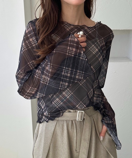 apres jour clair(アプレジュールクレア)の「【apres jour clair】チェックシアーインナー(Tシャツ/カットソー・レディース・グリーン系その他/ブラック系その他/ブラウン系その他・フリー/X-LARGE)」の1枚目の写真