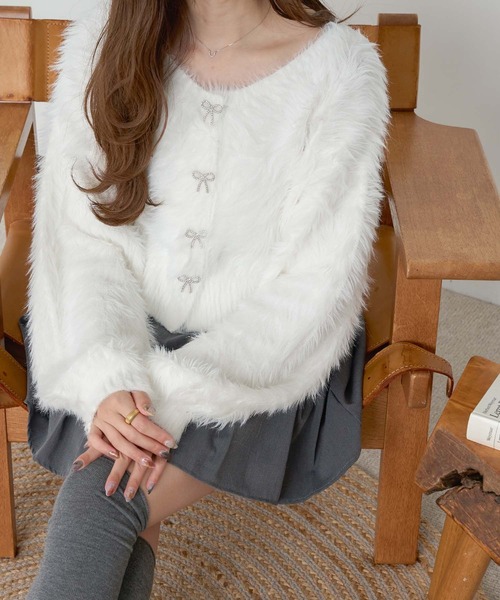 Ambre Neige（アンブルネージュ）の「2way shaggy ribbon kinit / 2wayシャギーリボンニット（ニット/セーター・レディース・ピンクベージュ/オフホワイト/チャコールグレー・FREE）」の5枚目の写真