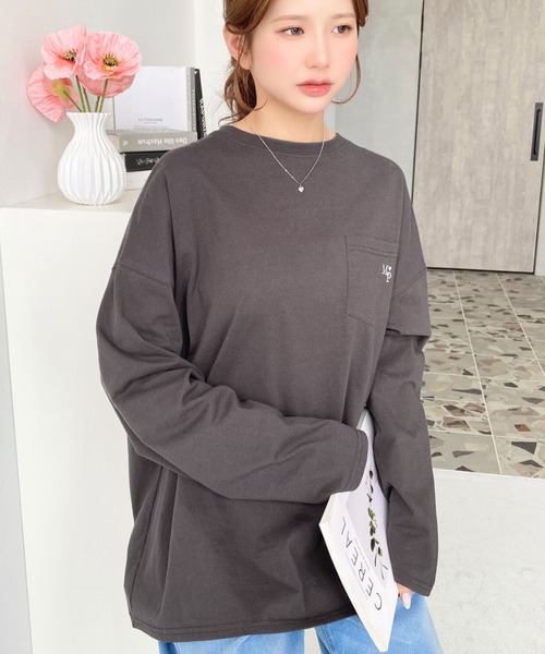 カラーワンポイントTシャツ&ロングパンツ セール】ワンポイント刺繍ポケットロンT（Tシャツ/カットソー