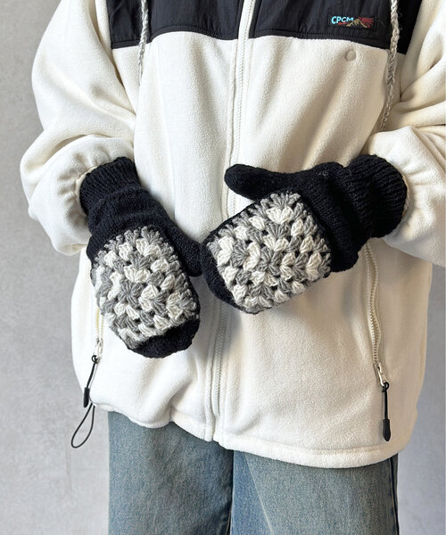 CPCM（シーピーシーエム）の「ヒモ付きクロシェ手袋（手袋・メンズ・ブラック/アイボリー・FREE）」の2枚目の写真