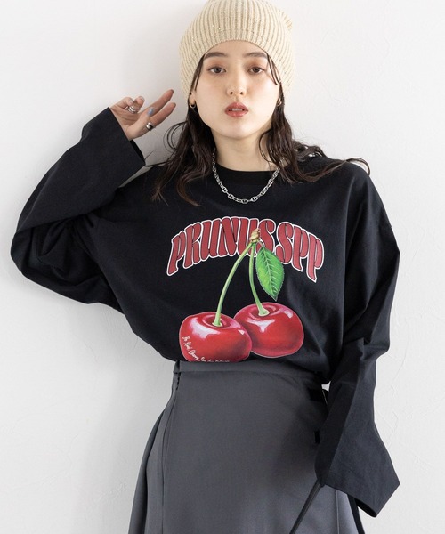 RAGEBLUE(レイジブルー)の「フルーツモチーフロゴルーズロングTシャツ(Tシャツ/カットソー・レディース・ブラック/オフホワイト/グレー・FREE)」の20枚目の写真