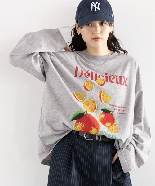 RAGEBLUE(レイジブルー)の「フルーツモチーフロゴルーズロングTシャツ(Tシャツ/カットソー・レディース・ブラック/オフホワイト/グレー・FREE)」の12枚目の写真