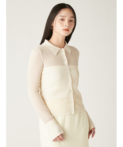 【FRAY I.D】一度着用｜ストライプメッシュポロカラーニット FRAY I.D（フレイアイディー）の「ストライプメッシュポロカラーニット