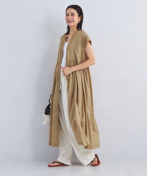 green label relaxing(グリーンレーベルリラクシング)の「ボイル ギャザー ハオリ ショートスリーブ ワンピース(ワンピース・レディース・ベージュ/ダークグリーン/ブラック・FREE)」の3枚目の写真