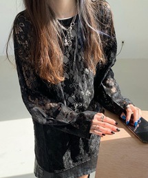 シアー」に該当するトップス（ブラック/黒色系・花柄・ボタニカル柄