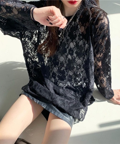 Lace Ladies(レースレディース)の「レース シアー クルーネック ロング丈 プルオーバー(その他トップス・レディース・ホワイト/ブラック・FREE)」の3枚目の写真