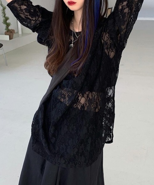 Lace Ladies(レースレディース)の「レース シアー クルーネック ロング丈 プルオーバー(その他トップス・レディース・ホワイト/ブラック・FREE)」の5枚目の写真