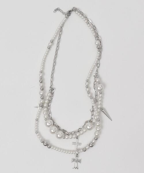 WEGO(ウィゴー)の「WEGO/レイヤーパールクロスネックレス(ネックレス・レディース・シルバー・FREE)」の1枚目の写真