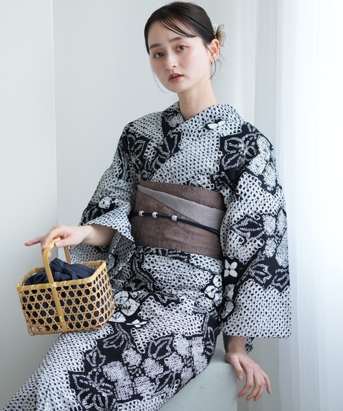 有松絞り浴衣3点セット utatane 黒地に花露
