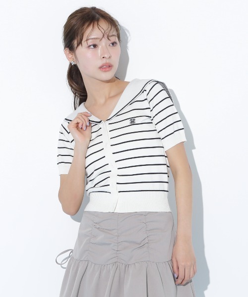 セール❣️DRAWER SPRING コットンシルク オーガンジーセイラーカラー ラッフルカラーカーディガン（ニット/セーター）｜KOH.style