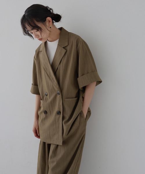 CLEL 完売品　リネンブレンド ダブルラペル半袖テーラードジャケット CLEL】Linen Blend Double Lapel Short Sleeve Tailored Jacket