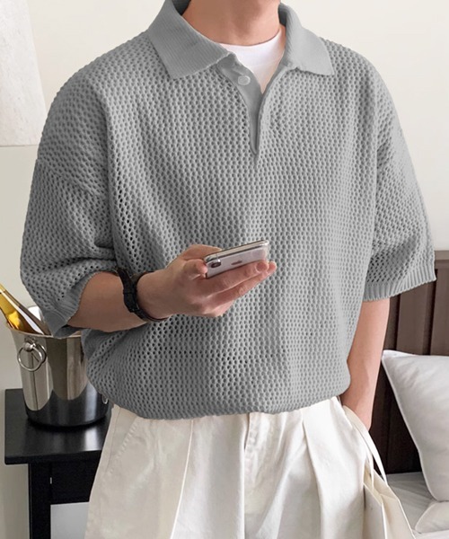 NOWLE(ノウル)の「【NOWLE】透かし編み メッシュ ポロ ニット(ポロシャツ・メンズ・アイボリー/ブラウン/グレー/ブラック・X-LARGE/LARGE/MEDIUM)」の3枚目の写真