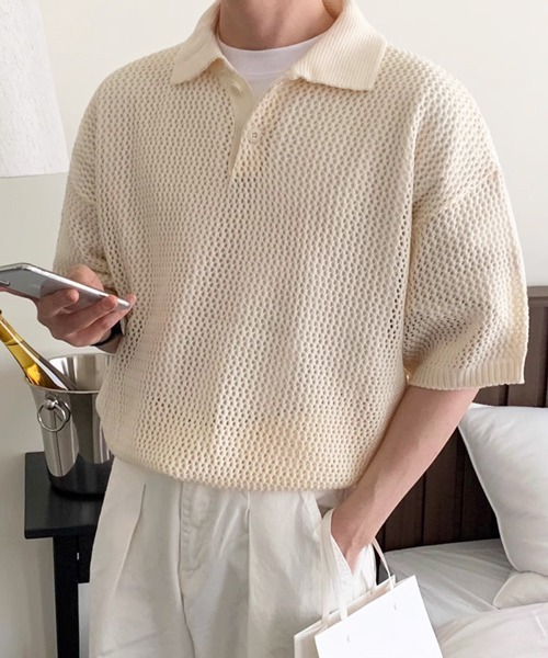 NOWLE(ノウル)の「【NOWLE】透かし編み メッシュ ポロ ニット(ポロシャツ・メンズ・アイボリー/ブラウン/グレー/ブラック・X-LARGE/LARGE/MEDIUM)」の2枚目の写真