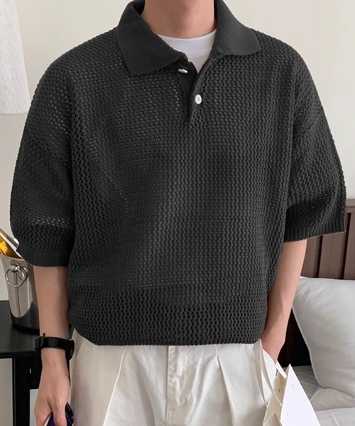 セール】【NOWLE】透かし編み メッシュ ポロ ニット（ポロシャツ