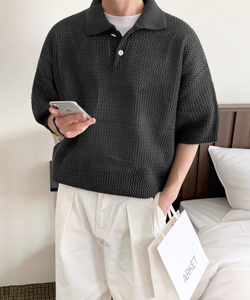 メッシュ編み ライトグリーン ポロシャツ M セール】【NOWLE】透かし編み メッシュ ポロ ニット（ポロシャツ