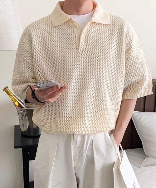 NOWLE(ノウル)の「【NOWLE】透かし編み メッシュ ポロ ニット(ポロシャツ・メンズ・アイボリー/ブラウン/グレー/ブラック・X-LARGE/LARGE/MEDIUM)」の13枚目の写真