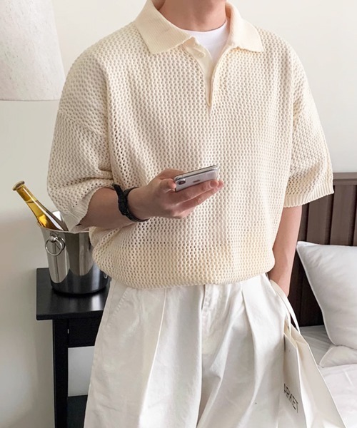 NOWLE(ノウル)の「【NOWLE】透かし編み メッシュ ポロ ニット(ポロシャツ・メンズ・アイボリー/ブラウン/グレー/ブラック・X-LARGE/LARGE/MEDIUM)」の14枚目の写真