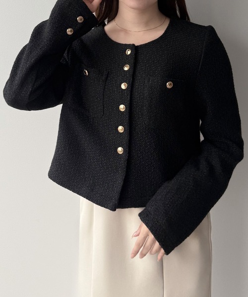 セール】金釦ツイードノーカラーショートジャケット（ノーカラー