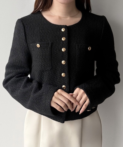 セール】金釦ツイードノーカラーショートジャケット（ノーカラー