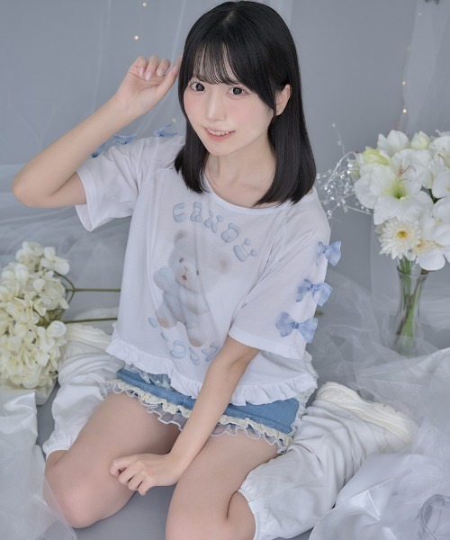 ililil(イルイルイル)の「『ililil/イルイルイル』【クマのエケチェンTシャツ】くまプリント半袖Tシャツ(Tシャツ/カットソー・レディース・ホワイト・FREE)」の4枚目の写真