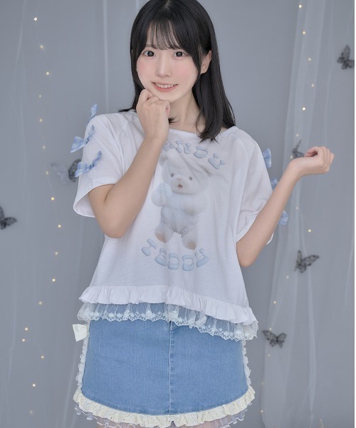 tシャツ 「ililil/イルイルイル」「クマのエケチェンTシャツ」くまプリント半袖Tシャツ レディース セール】『ililil/イルイルイル』【クマのエケチェンTシャツ